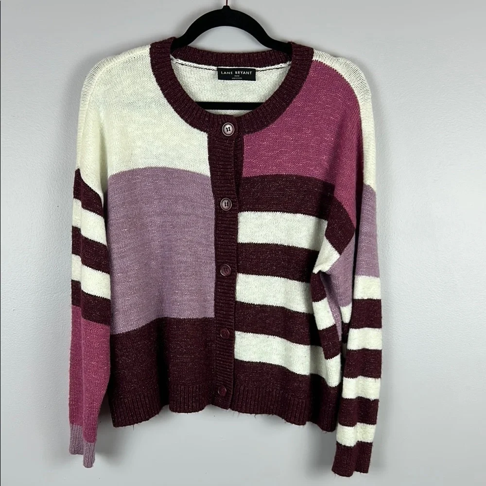 Lane Bryant Classic Button Front Cardigan Sweater Size 18/20 Maroon Colourblock - Picture 2 of 11